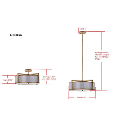 Dark Grey 5 Light Antique Gold 21 Inch Dia Drum Adjustable Pendant Light | Safavieh - LIT4185